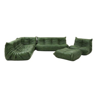 Togo Sofa Set in Green Leather by Michel Ducaroy for Ligne Roset, Set of 5 For Sale