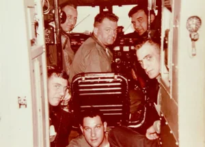 Vintage Military Flight Crew Crowded Airplane Cockpit Snapshot Photograph