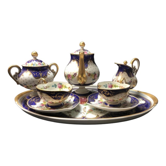 Antique Hand-Painted Floral Service in Limoges Porcelain from Marquise de Sevigne, 1890, Set of 8 For Sale