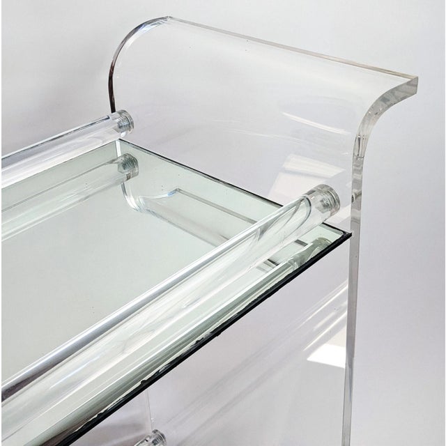 Transparent Vintage Two Tier Lucite and Mirror Bar Cart Charles Hollis Jones Style For Sale - Image 8 of 12
