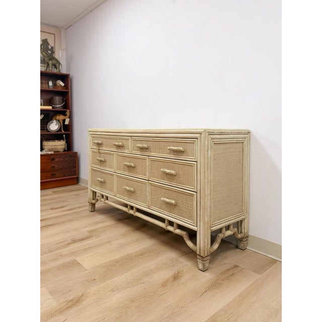 Mid 20th Century Mid 20th Century Coastal Ficks Reed Style Faux Bamboo Woven Nine Drawer Dresser, Wicker For Sale - Image 5 of 13