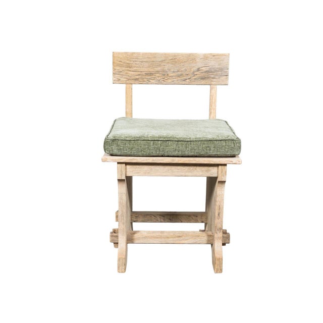 Upholstered side chair. Bleached oak frame and plank back. Curved bracket legs and pegged joinery. New green woven cushion.
