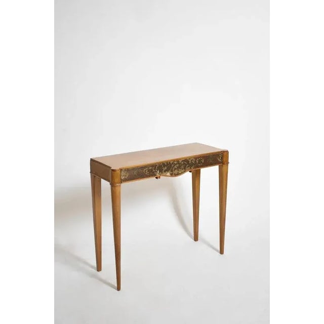 Natural wood and lacquered console, 1940s. Natural wood console table, side table or bedside table opening with a painted...