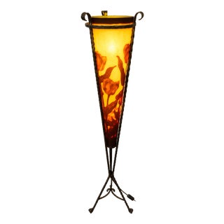 Art Nouveau Floor Lamp in Wrought Iron and Pâte de Verre with Tulips, 1970s For Sale