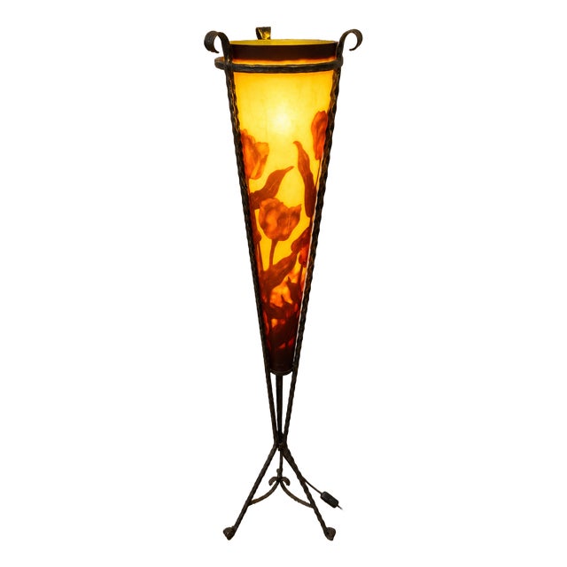 Art Nouveau Floor Lamp in Wrought Iron and Pâte de Verre with Tulips, 1970s For Sale