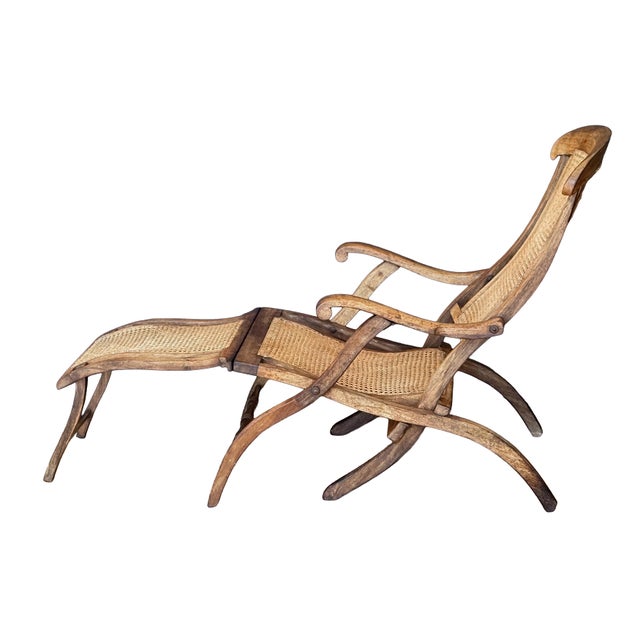 Wood French Cruise Liner Deck of Lounge Chair of Teak and Cane For Sale - Image 7 of 14