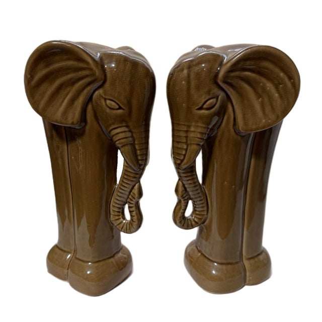 Vintage Mid Century Modern Ceramic Elephant Bookends - Glazed Brown - Pair Add a touch of vintage Hollywood Regency or...