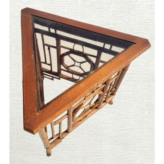 1970s Vintage Chinese Chippendale Regency Bamboo Triangle Small Glass Top Side Table For Sale - Image 5 of 6