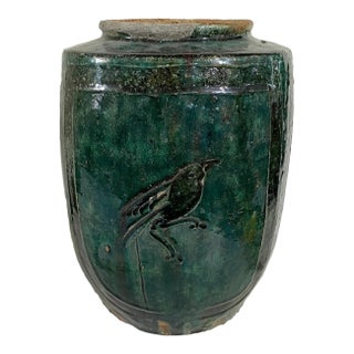 Vintage Chinoiserie Glazed Turquoise Rustic Jar/Urn W/Birds For Sale