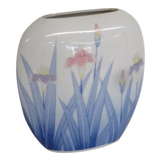 Otagiri Flat Oval Porcelain Pillow Vase Pastel Watercolor Iris Grass Motif 5020b For Sale