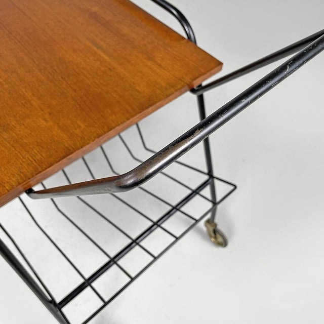 Mid-Century Modern Italian Wood and Black Metal Trolley with Brass Wheels, 1960s For Sale - Image 13 of 17