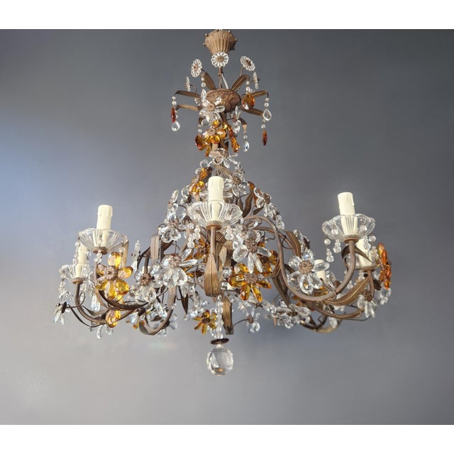 Metal 1950s Amber Crystal Glass Brass Flower Chandelier For Sale - Image 7 of 13