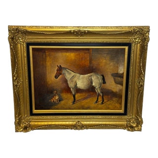 Victorian Oil Painting Strawberry Gray Roan Hunter Horse in Stable With Terrier Circle of John Sargent Noble For Sale