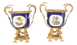 Early 20th Century French Gilt Bronze Mounted / Porcelain Urns / Vases - a Pair