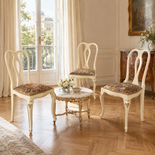 Ivory Venetian Cream Lacquered and Gilt Walnut Chairs with Floral Upholstery attributed to Testolini e Salviati for Testolini & Salviati, 1930s, Set of 3 For Sale - Image 8 of 11