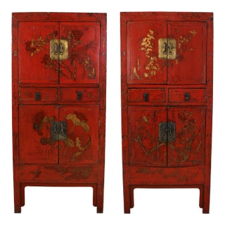 Pair of Vintage Asian Red Lacquer Cabinets For Sale