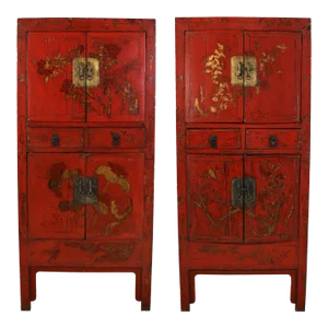 Pair of Vintage Asian Red Lacquer Cabinets