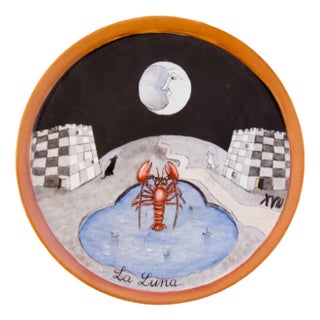 Hand-Painted Porcelain The Moon Plate by Lithian Ricci For Sale