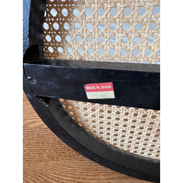 Unique Mid-Century dark ebony stained bentwood side table with wicker/cane top. Made in Spain in the style of Thonet. A...