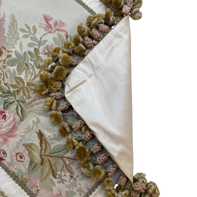 Silk Tapestry Cushion Cover With Floral & Bird Motif, Ivory & Sage, 18" X 22" For Sale - Image 4 of 5
