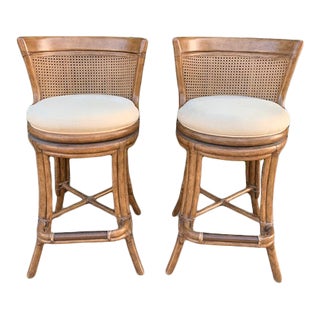 Mid 20th Century McGuire Style Bamboo Cane Backed Swivel Bar Stools - A Pair For Sale
