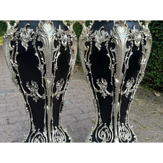 1980 Italian Artisan Baroque Black Silver Pedestals-Pair For Sale - Image 6 of 18