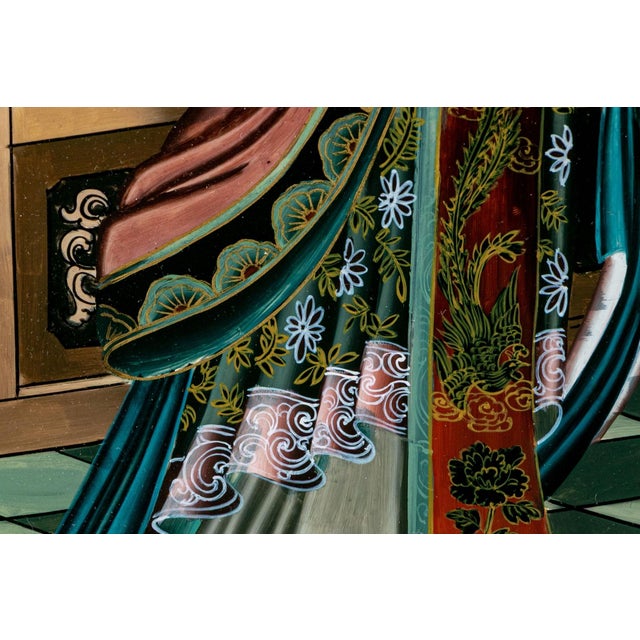 Chinese Reverse Painted Glass of Court Ladies With Scroll, Framed, Circa 1950–1965 For Sale - Image 4 of 7