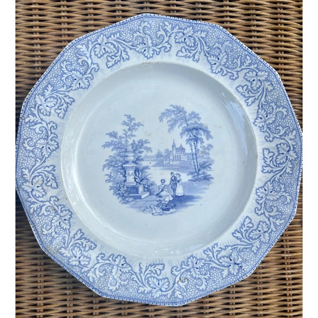 Antique English Blue and White Ironstone Transfer Scene Plates- Set of 3 For Sale - Image 10 of 13