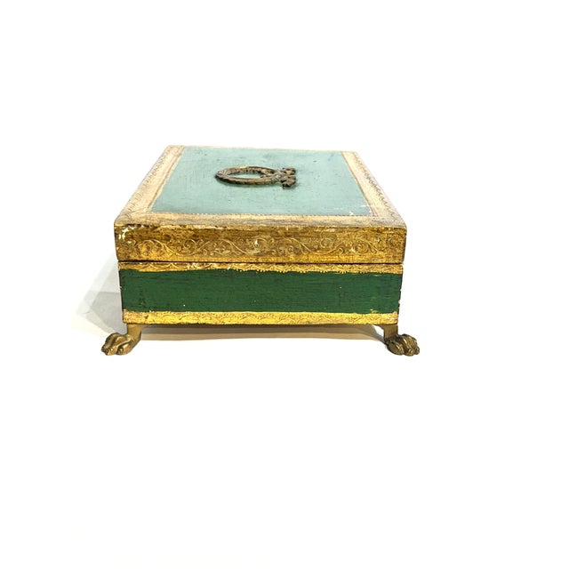 Vintage Italian Gilt and Green Painted Box With Metal Lion Paw Feet and Metal Laurel Wreath For Sale - Image 14 of 17