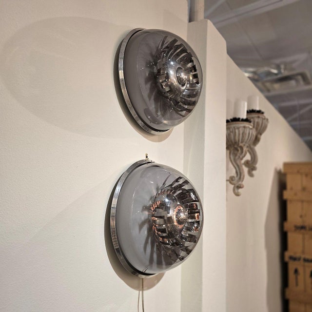 Pair of large acrylic and chrome, mid century modern wall sconces, attributed to Jocelyne Trocme for Oxar, France 1970s....