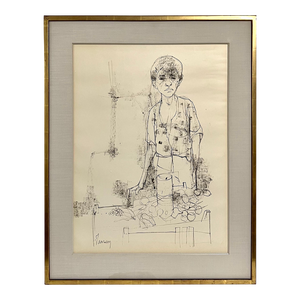 Jean Jansem, Large Drawing of Boy by French Armenian Modernist Jean Jansem Ecole De Paris Art, c.1960, Framed