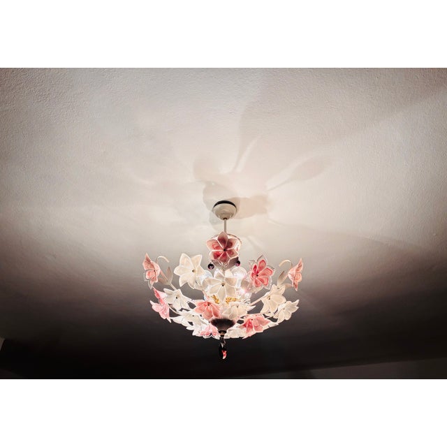 Art Deco Vintage Murano Style Floral Chandelier – Romantic Pink & White Glass Bouquet Light - Pair For Sale - Image 3 of 18