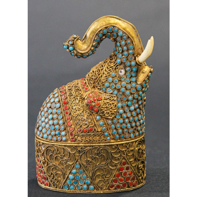 Brass Indian Mughal Style Gem-Set Gilt Brass Elephant Shape Snuff Box For Sale - Image 8 of 11