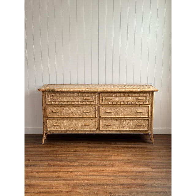 1970s Vintage Bamboo & Rattan Six-Drawer Dresser For Sale In Greensboro - Image 6 of 18