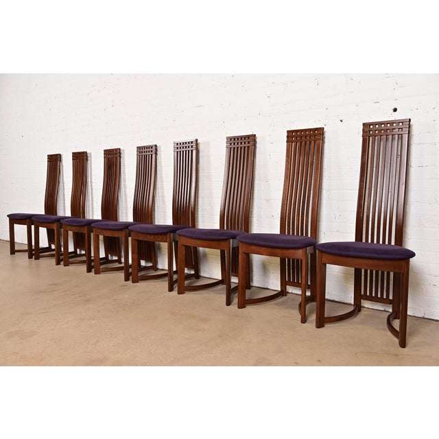 Frank Lloyd Wright Style Arts & Crafts High Back Dining Chairs, Set of Eight For Sale - Image 11 of 12