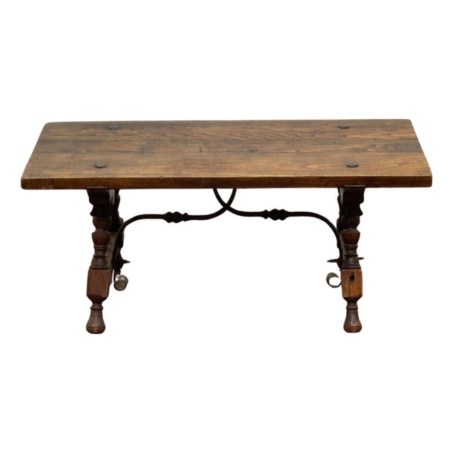 Spanish Castilian Refectory Style Walnut & Wrought Iron Coffee Table, Early 20th For Sale