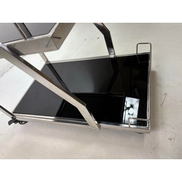 Vintage Chrome and Black Glass Bar Trolley After Ralph Lauren For Sale - Image 9 of 11