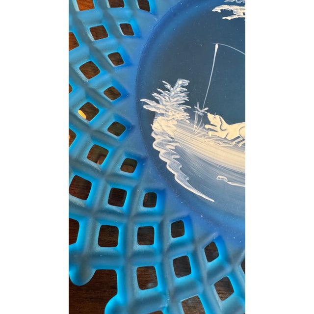 Blue Westmoreland Blue Glass Plate – Mary Gregory Style, Signed Boy Fishing, 1973 Pristine For Sale - Image 8 of 13