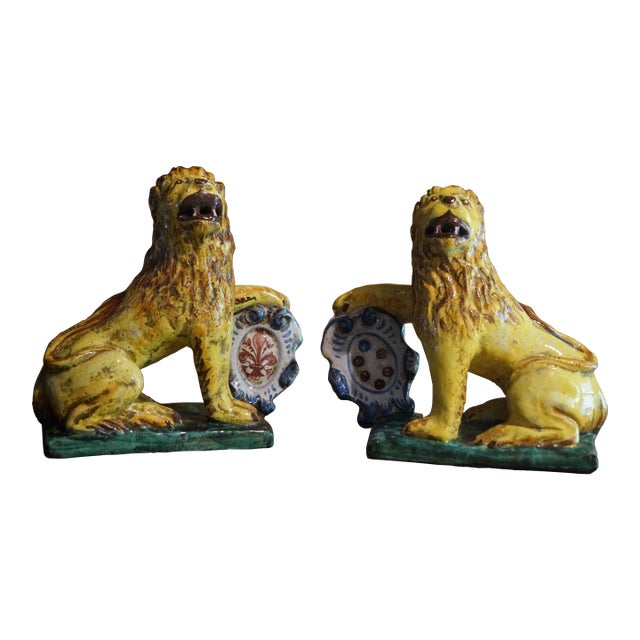 1980s Italian Pottery Lions - A Pair For Sale