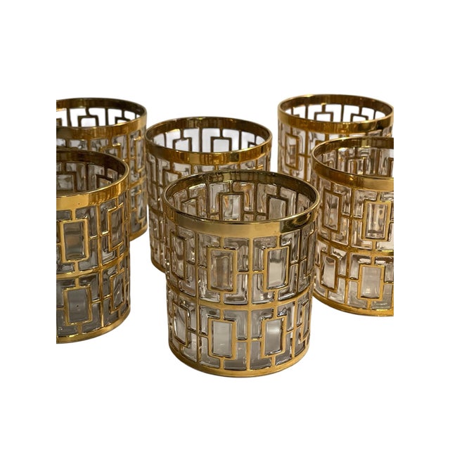 Mid-Century Modern Vintage Imperial Glass Co “Shoji” Trellis Old Fashioned Whiskey Set of 6 For Sale - Image 3 of 4