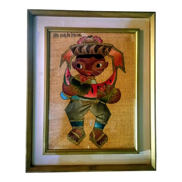 Original Mid-Century Mexican Modernist Painting on Burlap: Boy With Watermelon by Jose Maria De Servin (1917-1983) For Sale