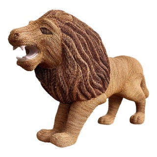 Huge Vintage Lion in Style of Mario Lopez Torres Wicker Rattan VTG Art For Sale