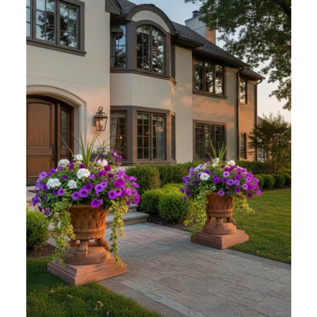 Pair of Large 31" Basket Weave Stone Urn Planters With Lion Paw Feet For Sale - Image 10 of 11