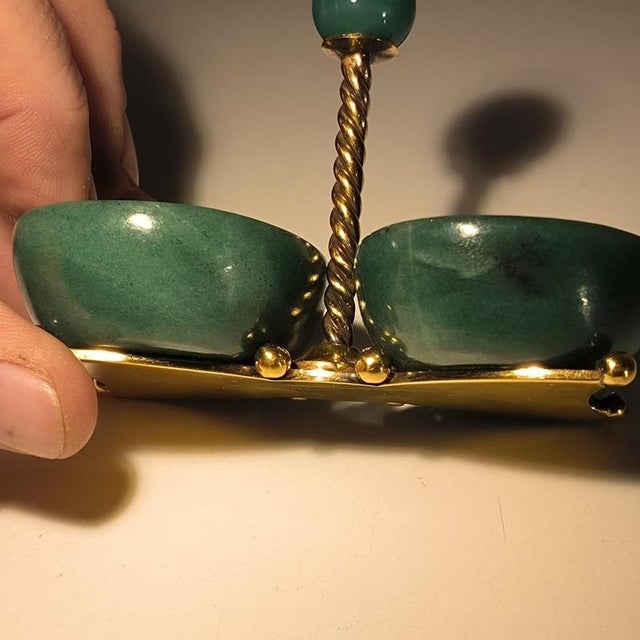 Metal Double Salt Cellar Condiment Bowl in Silver, Vermeil, and Aventurine by Wolfers Frères, 1950 For Sale - Image 7 of 13
