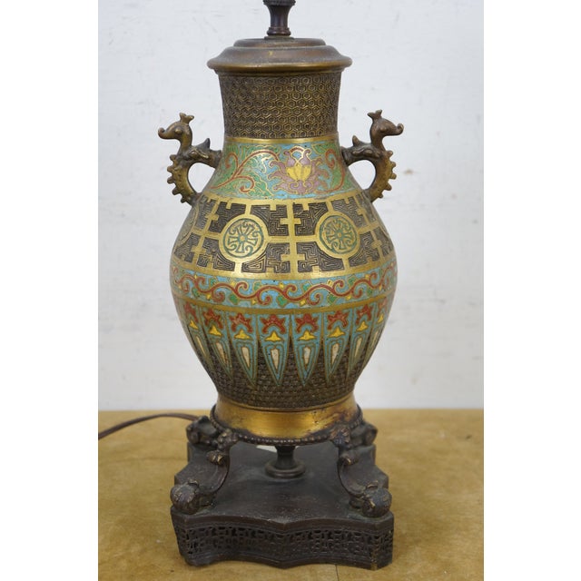 Antique Japanese Champleve Cloisonne Enamel Mantel Urn Vase Lamp For Sale - Image 4 of 13