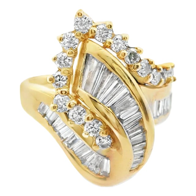 1990s 14k Yellow Gold Baguette and Round Diamond Cluster Ring, Size 7.25 For Sale