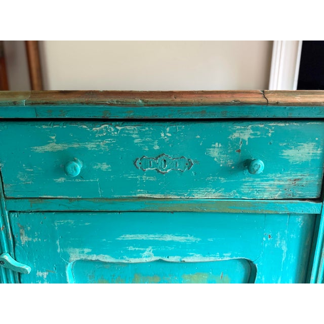 Vintage Solid Romanian Knotty Pine Cabinet With Distressed Turquoise Painted Finish For Sale In Atlanta - Image 6 of 7