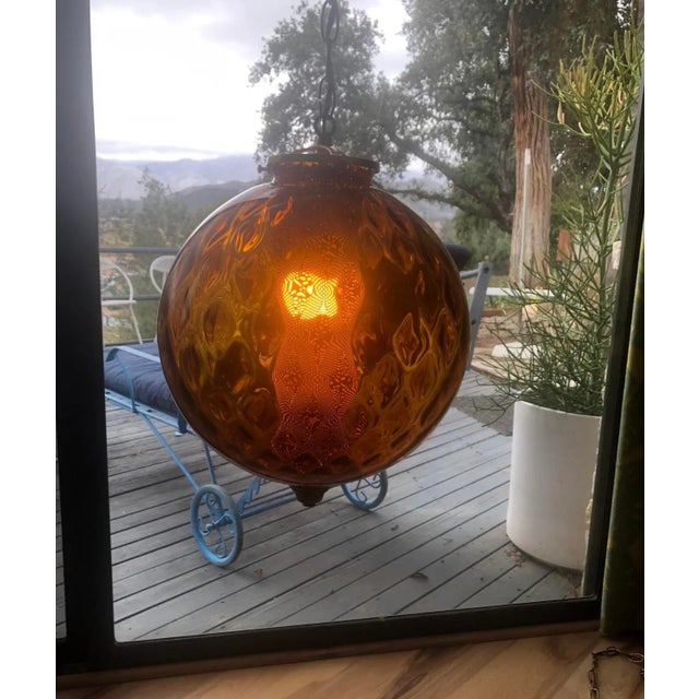 Metal Mid Century Modern 1960s Swag Lamp Blown Glass Art Brass Hanging Ceiling For Sale - Image 7 of 11