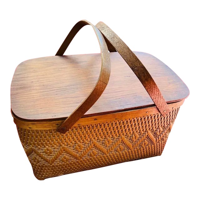 Vintage Peterboro Woven Splint Wood Picnic Basket For Sale