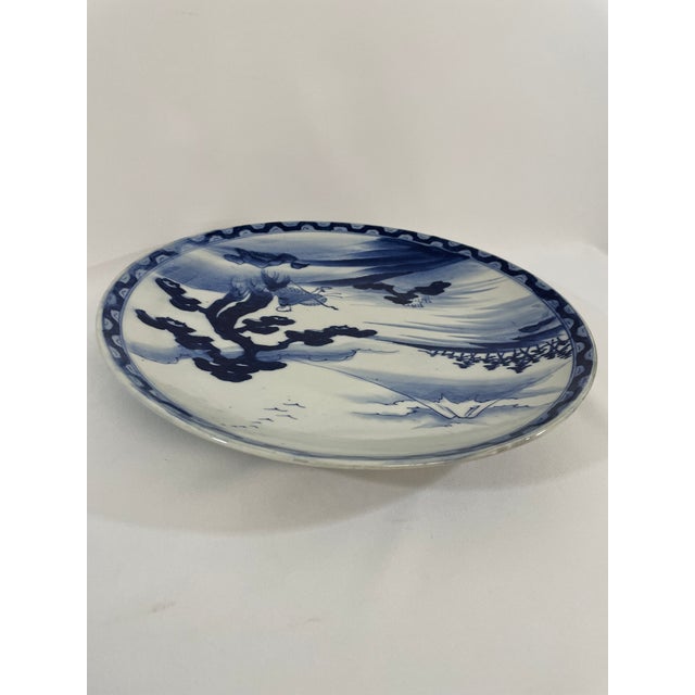 Japanese Early 20th Century Large 14.5" Blue and White Japanese Charger Mt Fuji For Sale - Image 3 of 17